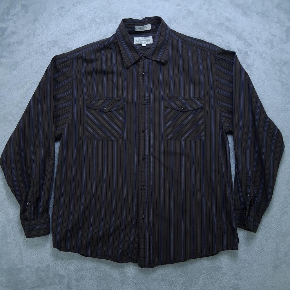 Eighty Eight Mens Long Sleeve Button Front Shirt Brown Blue Striped Western L